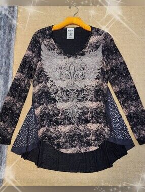 Vocal Acid Wash Rhinestone Angel Wings Tunic Top Cyber Y2k Long Sleeve S
